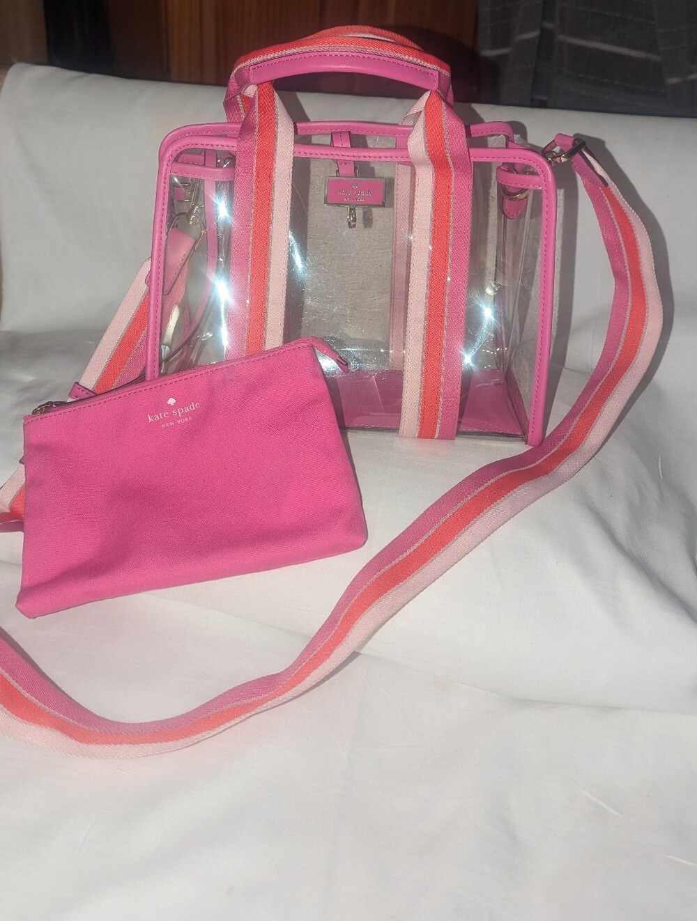 Kate Spade Sam See Through Tote with Pink Trim and Striped Strap